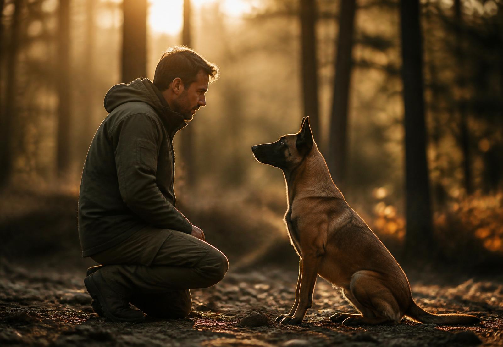 Éducateur canin concentré sur un chien attentif en forêt au coucher du soleil