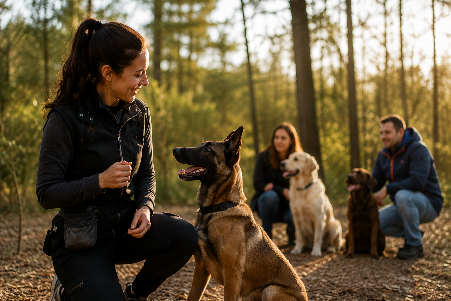Éducatrice canine complice avec ses chiens en forêt au coucher du soleil