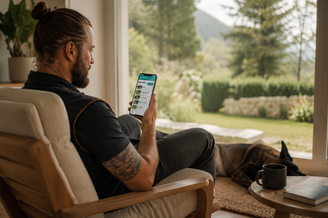 Éducateur canin installé près de la fenêtre, consultant l'application Canindly sur son téléphone, chien reposant à ses côtés et nature en arrière-plan