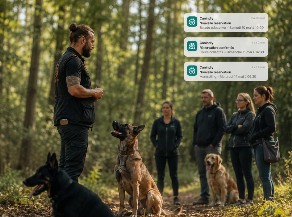 Éducateur canin en séance collective en forêt avec plusieurs chiens et leurs propriétaires, notifications Canindly visibles en overlay